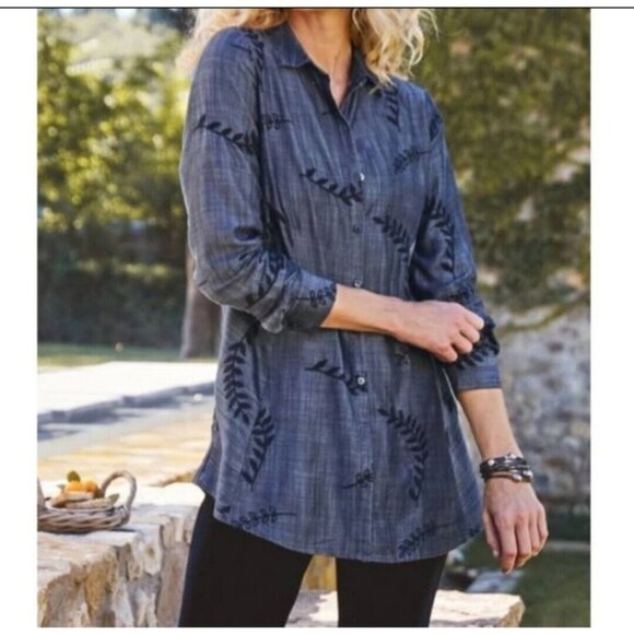 Soft Surroundings Womens Button Down Shirt Size Large Gray Black Papyrus Floral - Picture 11 of 11